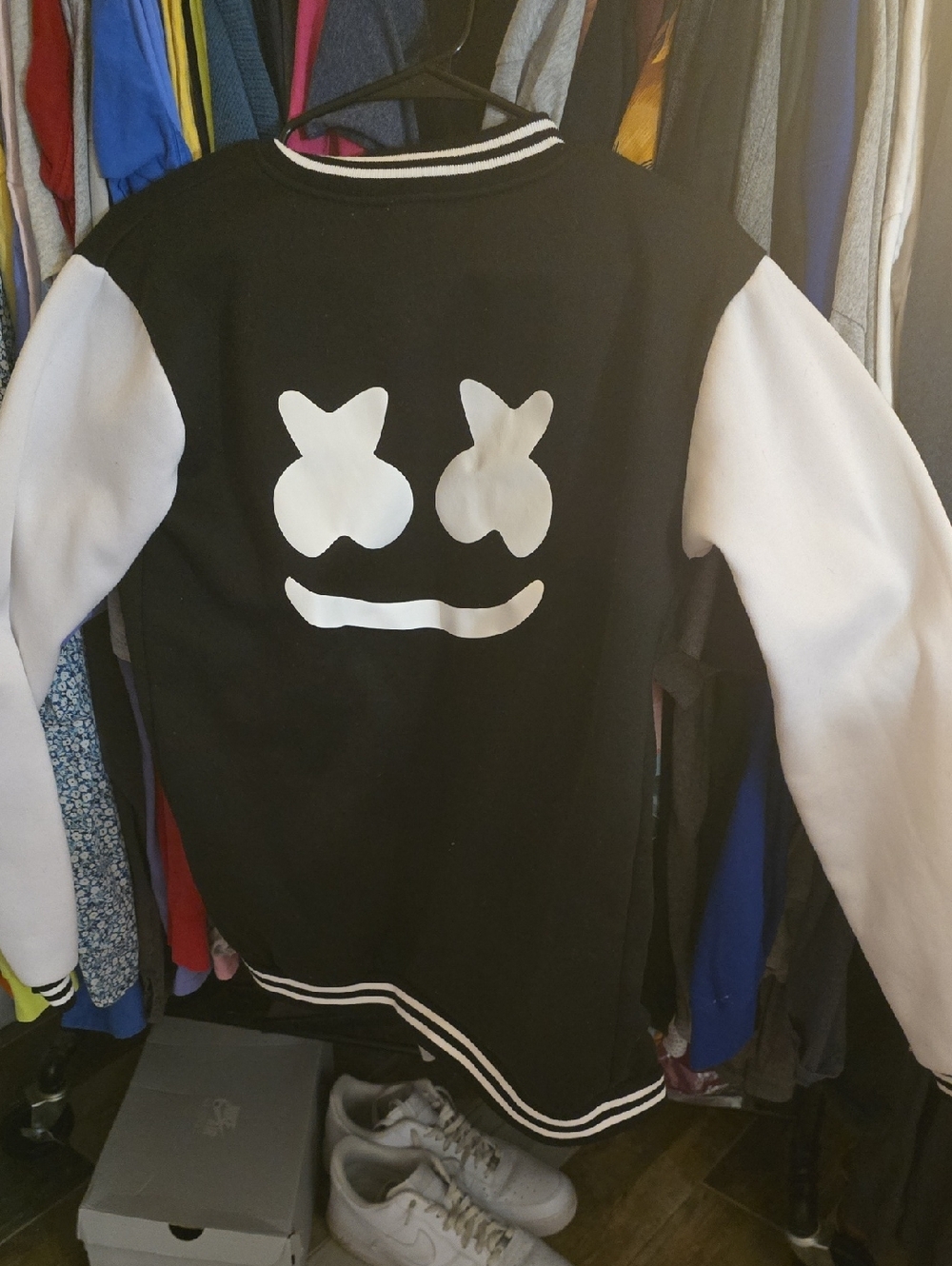 Black & White Kids Varsity Jacket with Smiley Print